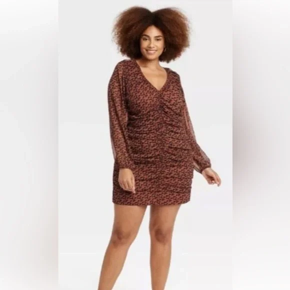 Women's Long Sleeve Ruched Front Bodycon Dress - A New Day Brown Geo Print XXL